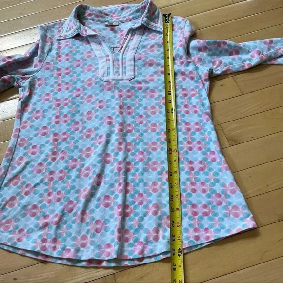 TALBOTS Blouse Cotton Blend Pink Blue Dot Design V Neck Collar Sz Petite Medium - Picture 7 of 8